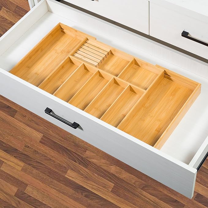 VaeFae Extra Large Kitchen Utensil Holder, Bamboo Silverware Drawer Organizer, Expandable Cutlery Organizer with Knife Block, Multifunctional Drawer Divider