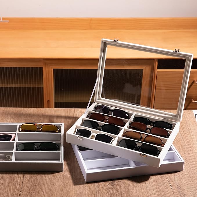 Frebeauty Sunglass Organizer,Velvet Glasses Organizer,8-Slot Sunglasses Tray with Clear Lid,Men's/Women's Sunglasses Box,Sunglass Case,13.3 x 9.6 x 2.2 Inches,Eyeglass/Eyewear Display Tray(White)