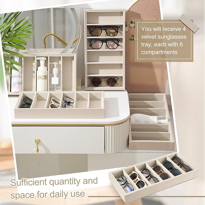 Juexica 4 Pcs Velvet Sunglasses Organizer Tray 6 Grid Sunglass Organizer Velvet Tray Stackable Glasses Display Case for Women Glasses Jewelry Display Watch (Linen)