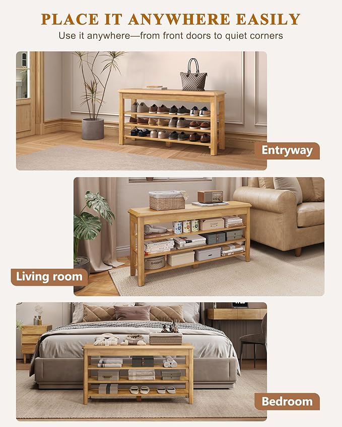 IUNVR Shoe Rack Bench Seat Rubberwood 3-Tier Wooden Storage Bench 550lbs Compact Mid-Century Modern Design for Entryway, Hallway, Closet, Front Door Entrance, Foyer