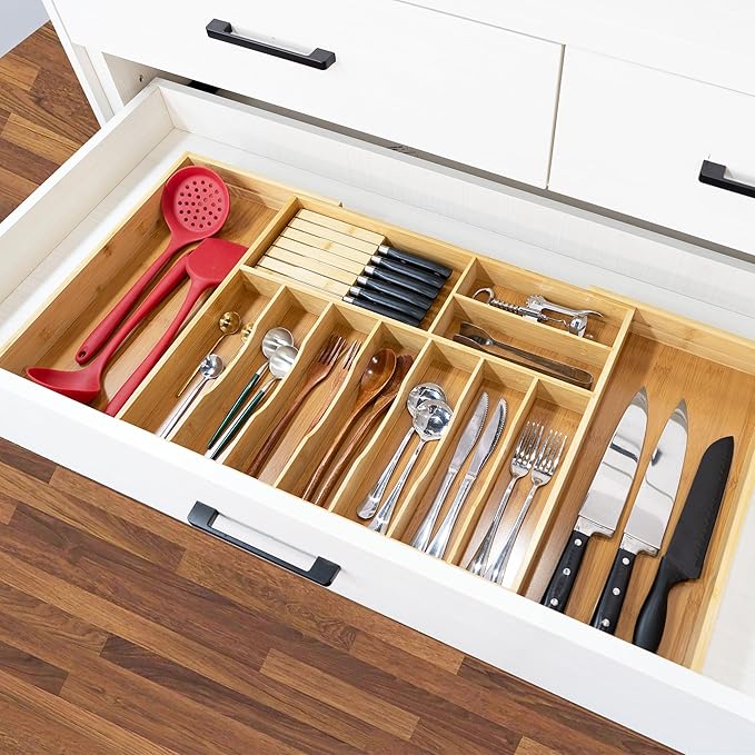 VaeFae Extra Large Kitchen Utensil Holder, Bamboo Silverware Drawer Organizer, Expandable Cutlery Organizer with Knife Block, Multifunctional Drawer Divider (10-12 compartments)