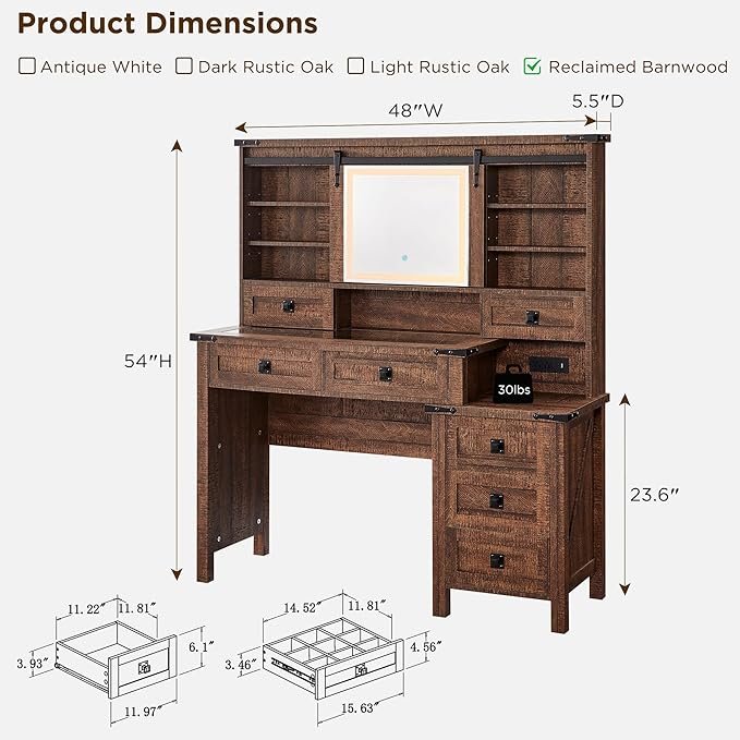 T4TREAM 48'' Farmhouse Makeup Vanity Desk with Sliding HD Mirror and Lights, Big Modern Lighted Vanity Table with 7 Drawers & Shelves, Rustic Large Dressing Table for Bedroom, Reclaimed Barnwood