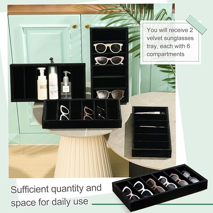 Juexica 2 Pcs Velvet Sunglasses Organizer Tray 6 Grid Sunglass Organizer Velvet Tray Stackable Glasses Display Case for Women Glasses Jewelry Display Watch (Black)