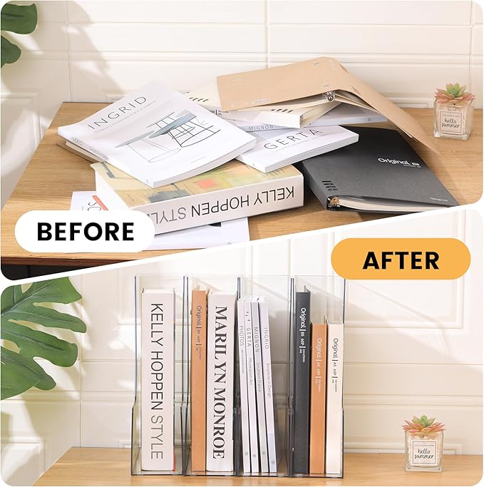 CiWiVOKi Vertical File Holder, Clear PET Desk Organizer and Storage Bins Holding for Magazines, Binders, Notebooks, Envelopes, Multi-purpose Plastic Document Organizer for Home Office, 4 pack