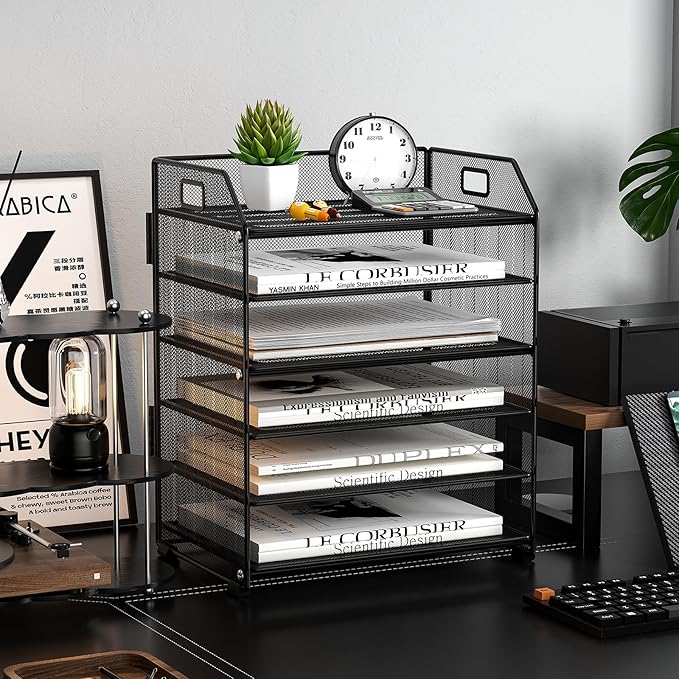 6 Tier Desk Organizer, Heavy-Duty Thick Metal Letter Tray Organizer, Large Capacity Desktop File Organizer for Heavy Files, Easy to Assemble for Home, Office & Classroom,Black