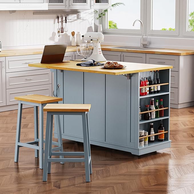Yayzy Rolling Kitchen Island with 2 Bar Stools, Drop Leaf & Power Outlet, Large Kitchen Islands Cart on Wheels, Movable Kitchen Island with 5 Open Shelves & Towel Rack for Dining Room, 53″, Grey Blue