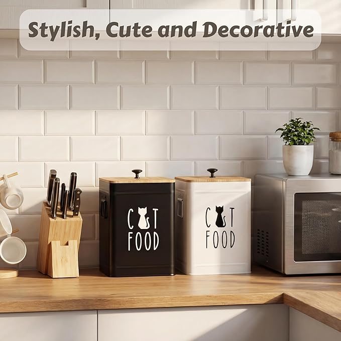 PERFNIQUE Cat Food Storage Container, Airtight Cat Treat Container with Scoop and Bamboo Lid, 25 Cup Pet Food Storage for Kitchen Countertop, Treat Jars for Pets, Farmhouse Cat Food Container (Black)