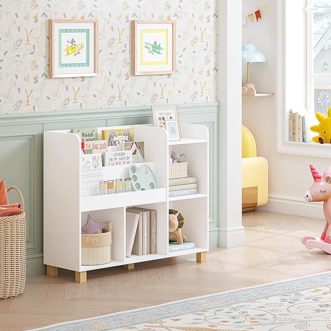 Spirich Kids Bookshelf and Toy Storage, Children Cube Organizer Bookcase Shelf, Tall Kids Book Rack for Bedroom, Playroom and Nursery, White