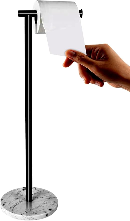 Toilet Paper Holder Stand with Weighted Natural Marble Base, Bathroom Free Standing Toilet Paper Roll Holder with Reserve, Standing Toilet Tissue Holder with Storage (Black, Basic Model)