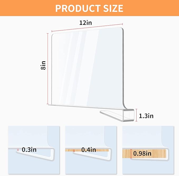 12 Pack Acrylic Shelf Dividers, Clear Shelf Divider for Closet Organization, Closet Shelf Separators for Clothes/Purses, Wood Shelves Organizers in Bedroom, Kitchen, Office, Cabinets, Bathroom Storage