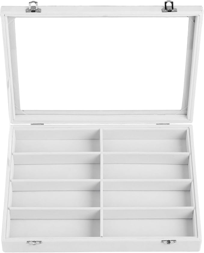 Frebeauty Sunglass Organizer,Velvet Glasses Organizer,8-Slot Sunglasses Tray with Clear Lid,Men's/Women's Sunglasses Box,Sunglass Case,13.3 x 9.6 x 2.2 Inches,Eyeglass/Eyewear Display Tray(White)