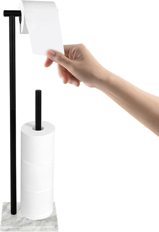 Toilet Paper Holder Stand with Weighted Natural Marble Base, Bathroom Free Standing Toilet Paper Roll Holder with Reserve, Standing Toilet Tissue Holder with Storage (Black, with Storage)