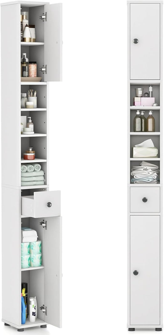 Tangkula Tall Slim Bathroom Storage Cabinet, 71" Freestanding Bathroom Cabinet w/ 2 Doors, 1 Drawer & 5 Adjustable Shelves, Floor Narrow Tower Cabinet for Small Spaces, 8" x 8" x 71" (White)