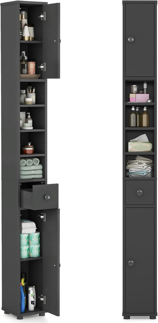 Tangkula Tall Slim Bathroom Storage Cabinet, 71" Freestanding Bathroom Cabinet w/ 2 Doors, 1 Drawer & 5 Adjustable Shelves, Floor Narrow Tower Cabinet for Small Spaces, 8" x 8" x 71" (Grey)