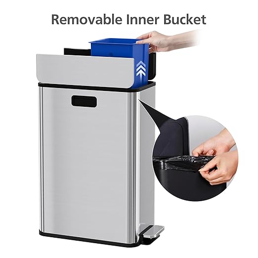TROPOW 2 * 7.4Ga/28L Dual Step Trash Kitchen Trash Can, Dual Compartment Garbage Can for Recycling, Waste, Soft-Close Lid, Fingerprint-Resistant Finish, Odor Control, Stainless Steel