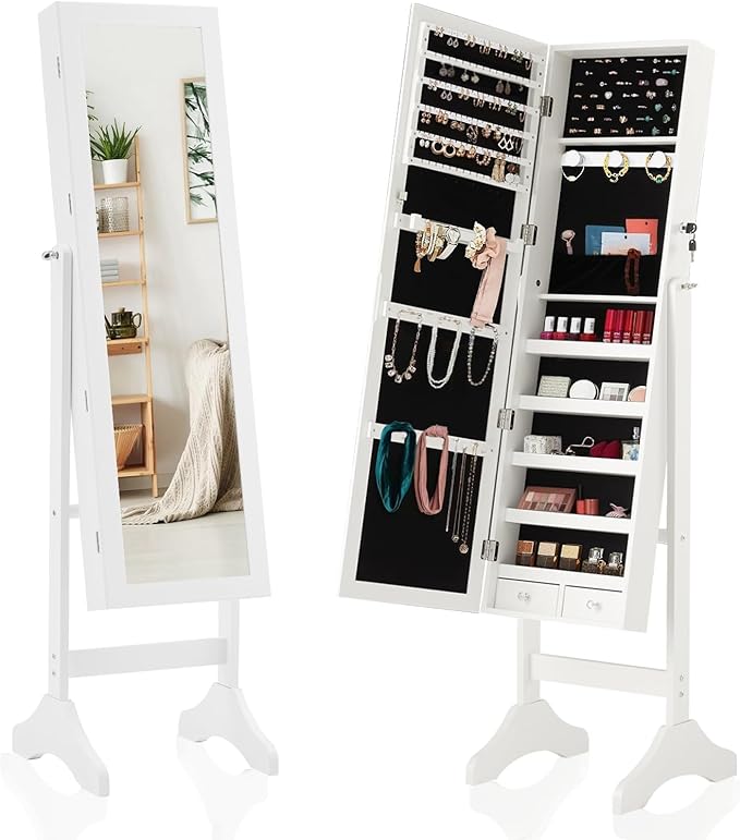 FansaFurn Elegant White 47.3" Jewelry Armoire with Full-Length Mirror-Lockable Velvet-Lined Storage, 3-Angle Adjustable Mirror, 5 Shelves, 2 Locks & Bonus Pouch