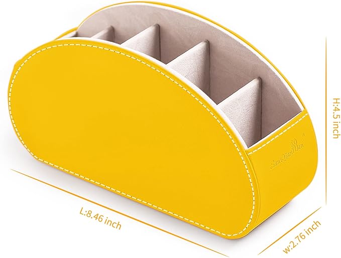 Remote Control Holders Organizer Box with 5 Compartment PU Leather Multi-functional Office Desk Storage Caddy Store Tv Remote for Media Player,Brush,Pencil,Glassees&Office Supplies (Yellow)