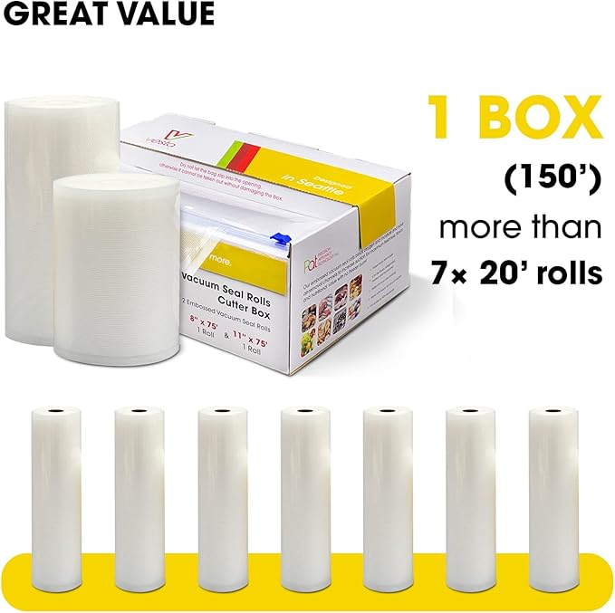 11" x 75' and 8" x 75' Vacuum Sealer Bags Rolls for Food Saver, with Cutter Dispenser, Commercial Grade Vacuum Sealer Rolls for Custom Sizing, BPA-Free, Ideal for Sous Vide Cooking, Meal Prep