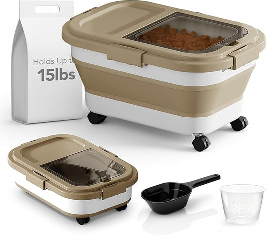 Summark Ca15 Lbs Dog/Cat Food Storage Container,Collapsible Food Storage Containers with Rolling Wheel Airtight Locking Lid,Pet Food Storage Container with Cup and Scoop,Khaki