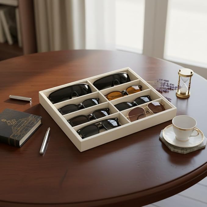 Rayzzol Velvet Sunglass Organizer Tray – 8-Slot Glasses Holder (2 Large, 6 Std), Stackable Organizer for Drawer or Desktop
