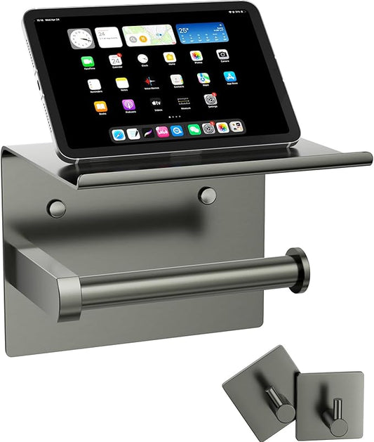 Tindbea Mega Size Toilet Paper Holder with Shelf + Towel Robe Hooks, Adhesive or Screw Wall Mounted Toilet Paper Roll Holder, Stainless Steel Bathroom Hardware Set (Polished Grey)