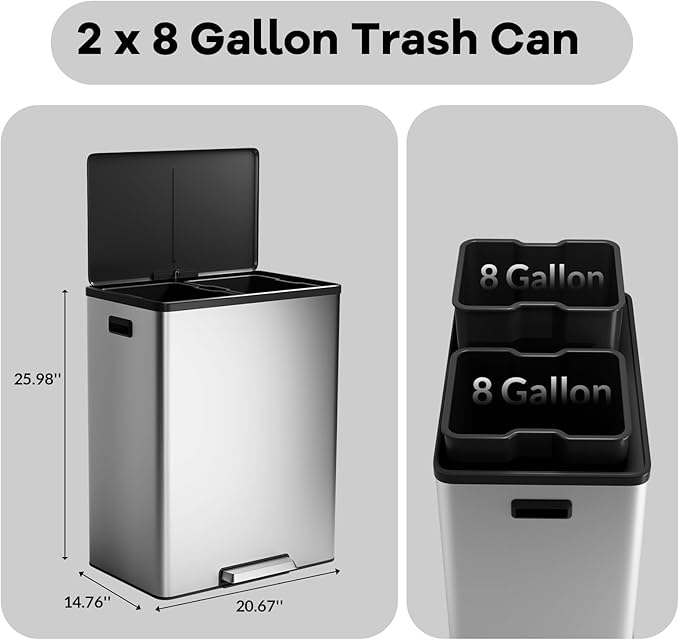 16 Gallon Kitchen Double Trash Can with Lid, 60 L Stainless Steel Large Dual Trash and Recycle Bin Combo, Step-on Double Compartment Garbage Bin with Removable Inner Buckets for Home and Office