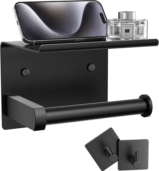 Tindbea Toilet Paper Holder with Phone Shelf + Towel Robe Hooks, Adhesive or Screw Wall Mounted Toilet Paper Roll Storage, Stainless Steel Bathroom Tissue Roll Holder (Matte Black)