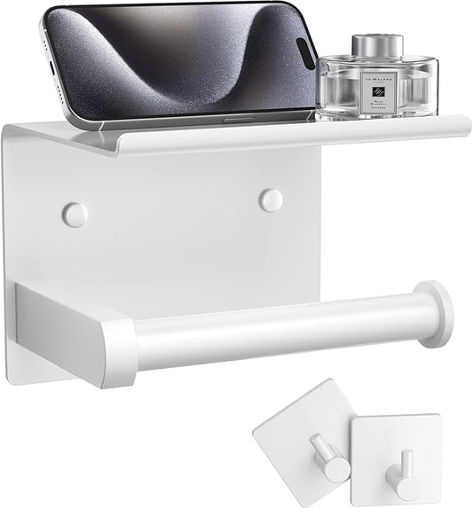 Tindbea Toilet Paper Holder with Phone Shelf + Towel Robe Hooks, Adhesive or Screw Wall Mounted Toilet Paper Roll Storage Dispenser, Stainless Steel Bathroom Tissue Roll Holder (White)