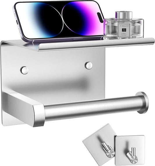 Tindbea Toilet Paper Holder with Phone Shelf + Towel Robe Hooks, Adhesive or Screw Wall Mounted Toilet Paper Roll Storage, Stainless Steel Bathroom Tissue Roll Holder (Brushed Nickel)