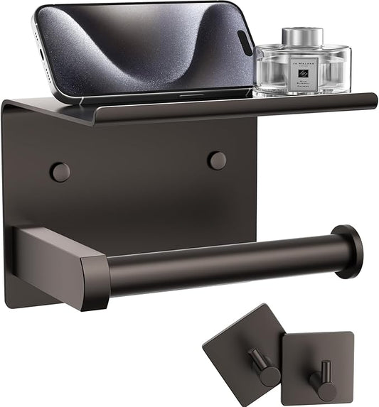 Tindbea Toilet Paper Holder with Phone Shelf + Towel Robe Hooks, Adhesive or Screw Wall Mounted Toilet Paper Roll Storage Dispenser, Stainless Steel Bathroom Tissue Roll Holder (Bronze)