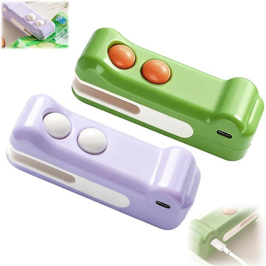 2 in 1 Mini Bag Sealer with Cutter and Magnet,Mini Bag Sealer,Portable Handheld Rechargeable Food Bag Sealer for Sealing and Cutting,Small Package Sealer for Snacks,Chips,Food Storage (Green +Purple)