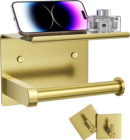 Tindbea Toilet Paper Holder with Phone Shelf + Towel Robe Hooks, Adhesive or Screw Wall Mounted Toilet Paper Roll Storage Dispenser, Stainless Steel Bathroom Tissue Roll Holder (Brushed Gold)