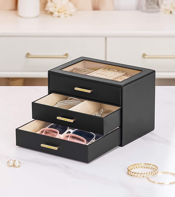 Homde Jewelry Box with Compartments for Women: Big Storage Organizer for Room - Necklace, Earring, Ring Holder for Dresser (Black + Yellow)