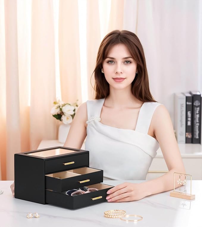 Homde Jewelry Box with Compartments for Women: Big Storage Organizer for Room - Necklace, Earring, Ring Holder for Dresser (Black + Yellow)