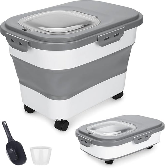 YECERCAN Dog Food Storage Container 17 lb, Airtight Pet Food Storage Containers with Wheels & Removable Sealed Lid, Collapsible Cat Food Containers Dry Food with Scoop and Measuring Cups