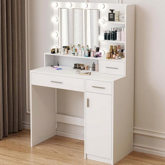 Gbeupszk Vanity Desk with Mirror&Lights,Makeup Vanity Table with USB Power Outlet & Drawer & Storage Shelves, Cabinet,Dressing Table for Teen Girls & Adults,Compact Vanity Set for Bedroom