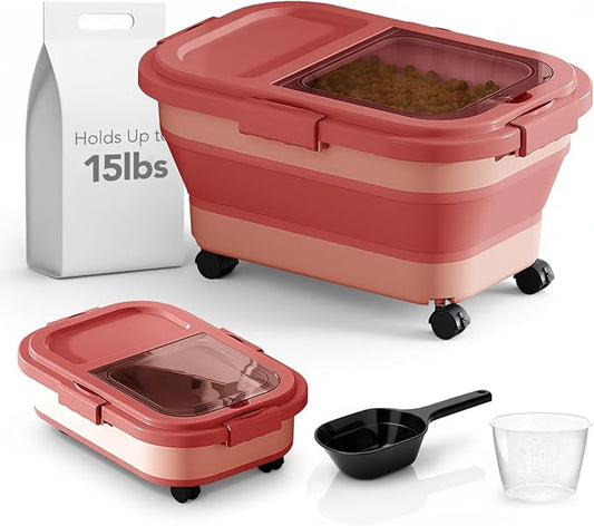 Summark 15 Lbs Dog/Cat Food Storage Container,Collapsible Food Storage Containers with Rolling Wheel Airtight Locking Lid,Pet Food Storage Container with Cup and Scoop,Pink