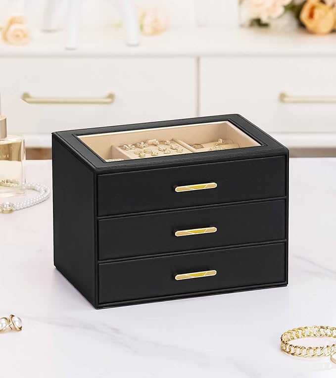 Homde Jewelry Box with Compartments for Women: Big Storage Organizer for Room - Necklace, Earring, Ring Holder for Dresser (Black + Yellow)