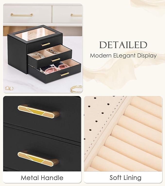 Homde Jewelry Box with Compartments for Women: Big Storage Organizer for Room - Necklace, Earring, Ring Holder for Dresser (Black + Yellow)