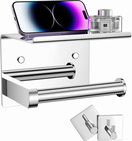 Tindbea Toilet Paper Holder with Phone Shelf + Towel Robe Hooks, Adhesive or Screw Wall Mounted Toilet Paper Roll Storage, Stainless Steel Bathroom Tissue Roll Holder (Polished Chrome)
