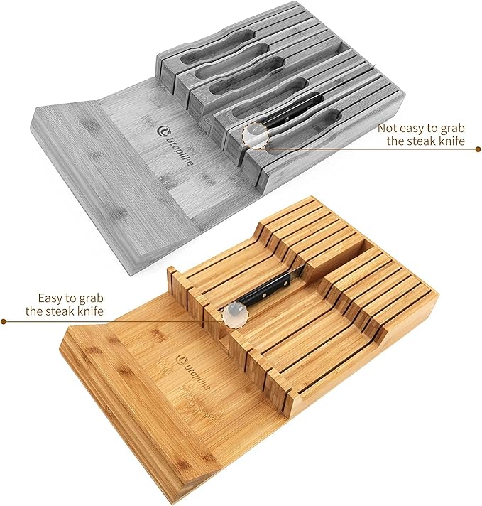 Utoplike in-Drawer Knife Block Bamboo Kitchen Knife Drawer Organizer, Handle Steak Knife Holder Without Knives, Fit for 12 Knives and 1 Sharpening Steel (Knives Not Included)