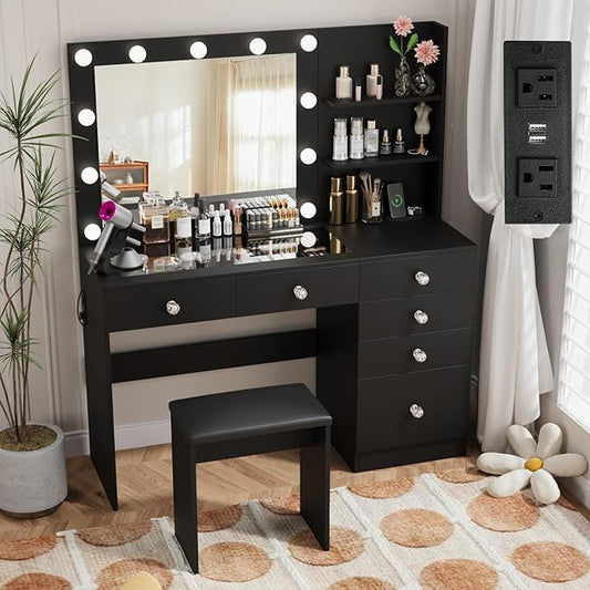 VOWNER 47" Vanity with Glass Top - Makeup Vanity Desk with Outlet, 6 Drawers, 3 Storage Shelves and Mirror, 3 Color Lighting with Dimming Brightness, Makeup Desk with Stool for Bedroom, Black