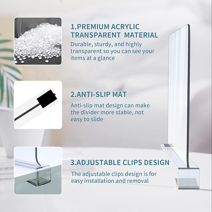 12 Pack Acrylic Shelf Dividers, Clear Shelf Divider for Closet Organization, Closet Shelf Separators for Clothes/Purses, Wood Shelves Organizers in Bedroom, Kitchen, Office, Cabinets, Bathroom Storage