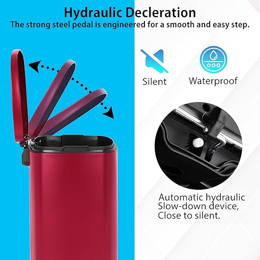 PayLessHere Stainless Steel Trash Can with Lid - Removable Inner Bucket, Foot Pedal, Soft Close for Office, Home, Kitchen (Red, 13 G)