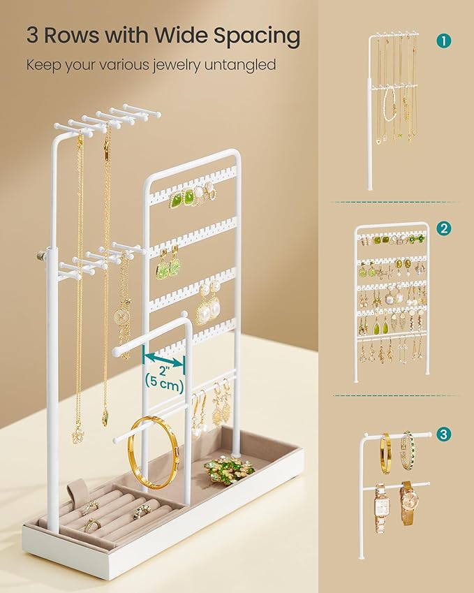 SONGMICS Jewelry Holder, Jewelry Storage Organizer Stand with Metal Frame, Velvet Tray, 12.1 to 18.7 Inches Tall Height Adjustable Necklace Holder, for Rings, Earrings, Matte White UJJS026W01