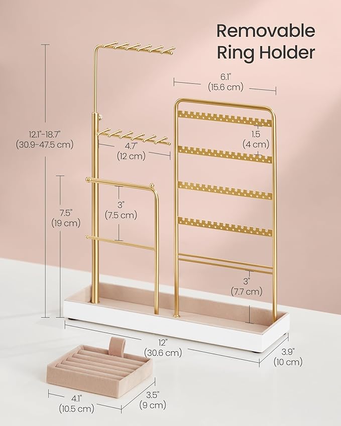 SONGMICS Jewelry Holder, Jewelry Storage Organizer Stand with Metal Frame, Velvet Tray, 12.1 to 18.7 Inches Tall Height Adjustable Necklace Holder, for Rings, Earrings, Pale Gold UJJS026A01