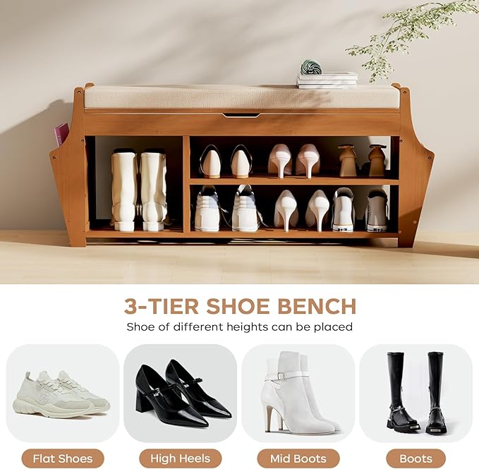Bamboo Shoe Storage Bench - 47" Entryway Rack with Cushion & Side Holders