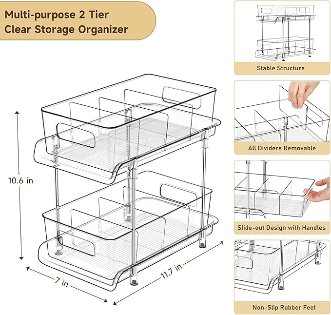 HIHEGD 2 Tier Bathroom Storage With Dividers, Clear Under Sink Pull Out Organizer for Kitchen Pantry, Medicine Cabinet