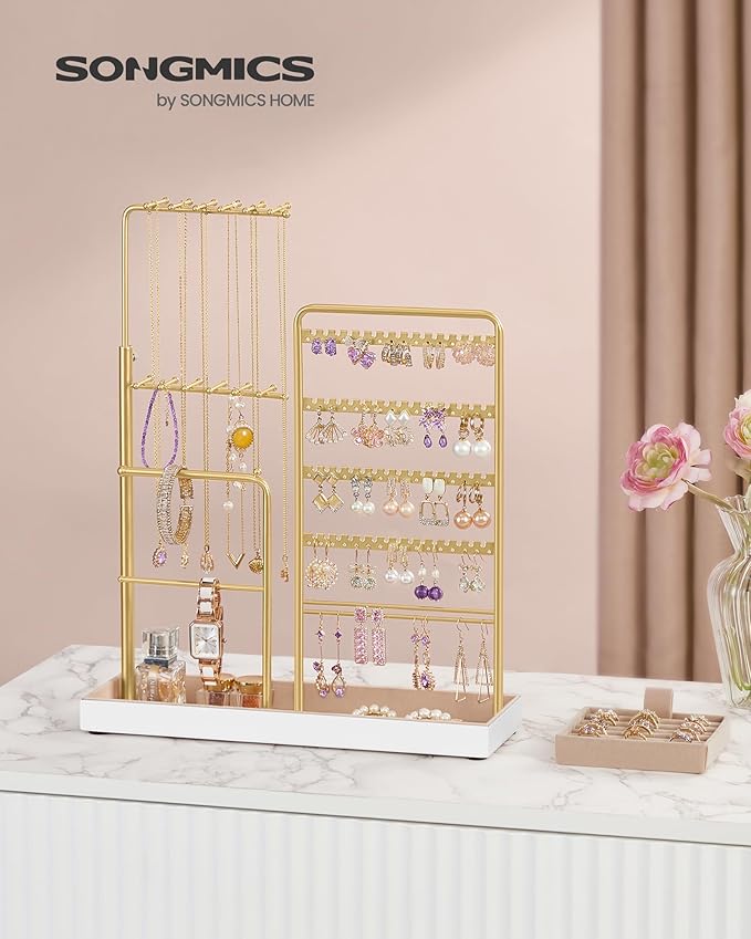 SONGMICS Jewelry Holder, Jewelry Storage Organizer Stand with Metal Frame, Velvet Tray, 12.1 to 18.7 Inches Tall Height Adjustable Necklace Holder, for Rings, Earrings, Pale Gold UJJS026A01