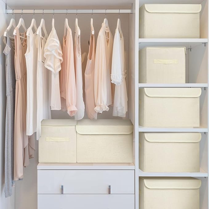 Bagnizer Large 22 Quart [4-Pack] Linen Fabric Foldable Storage Bin Cube Organizer Basket with Flip-Top Lid & Handles, Clothes Blanket Box for Home, Office, Closet (14.6 x 9.5 x 9.5, Beige)